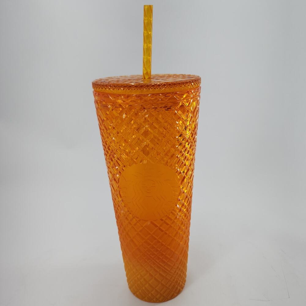 Starbucks Amber Orange Iridescent Diamond Studded Cold Cup Tumbler 24oz
